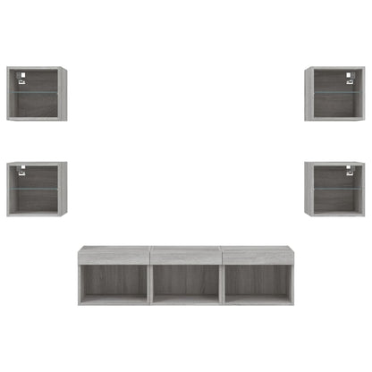 -Delige Tv-Wandmeubelset Met Led Bewerkt Hout Grijs sonoma