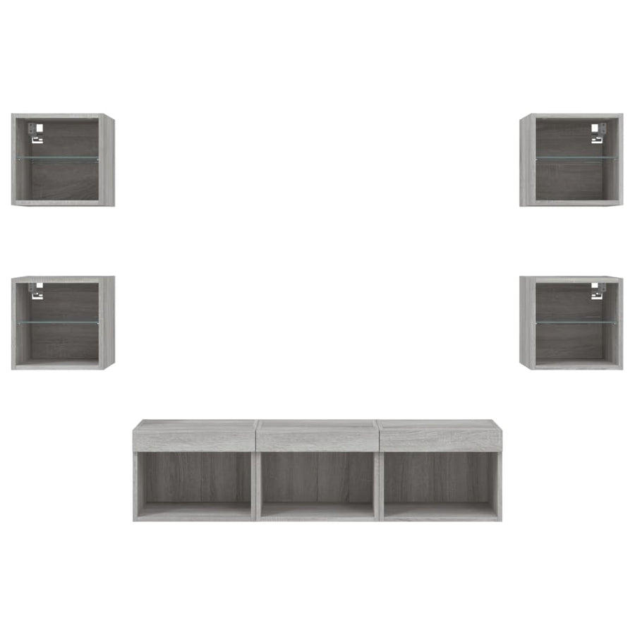 -Delige Tv-Wandmeubelset Met Led Bewerkt Hout Grijs sonoma