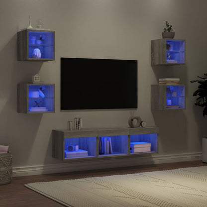 -Delige Tv-Wandmeubelset Met Led Bewerkt Hout Grijs sonoma