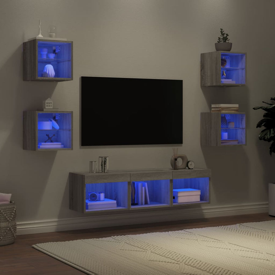 -Delige Tv-Wandmeubelset Met Led Bewerkt Hout Grijs sonoma
