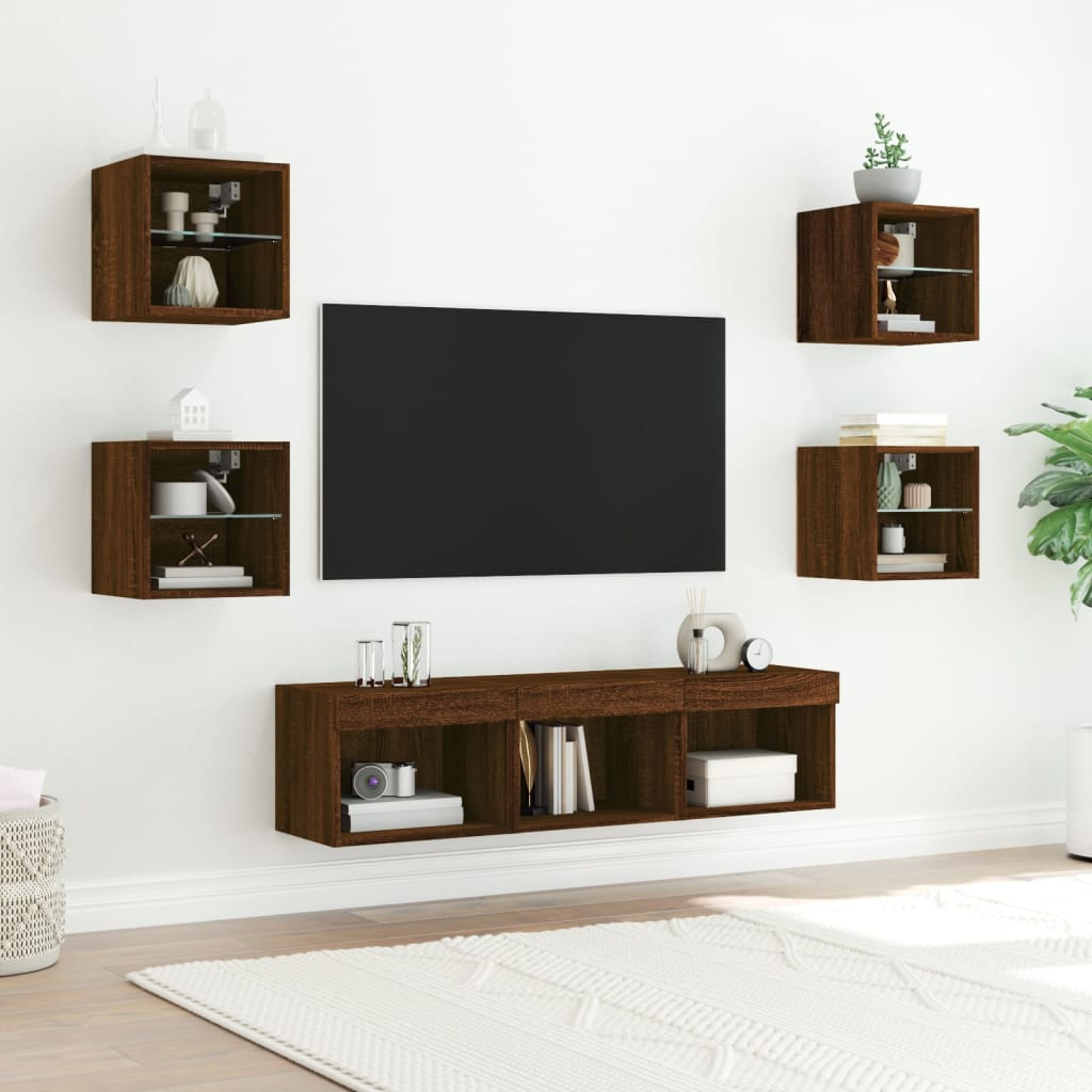 7-Delige Tv-Wandmeubelset Met Led Bewerkt Hout Bruineikenkleur bruin eikenkleur