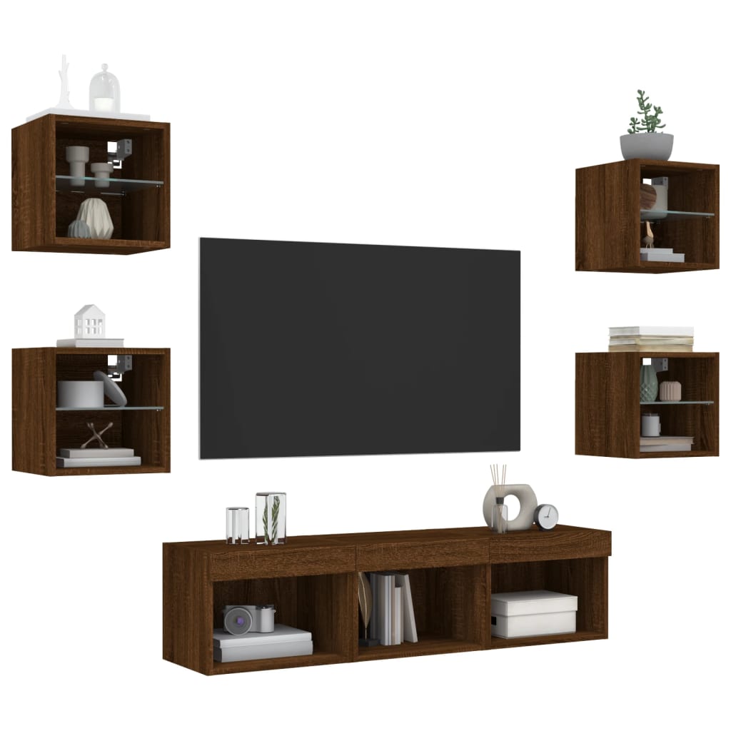 7-Delige Tv-Wandmeubelset Met Led Bewerkt Hout Bruineikenkleur bruin eikenkleur