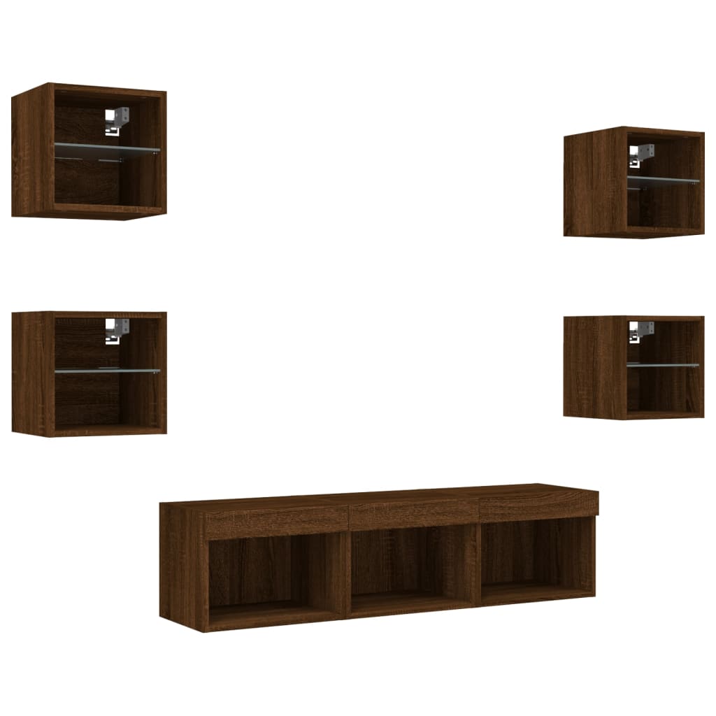 7-Delige Tv-Wandmeubelset Met Led Bewerkt Hout Bruineikenkleur bruin eikenkleur