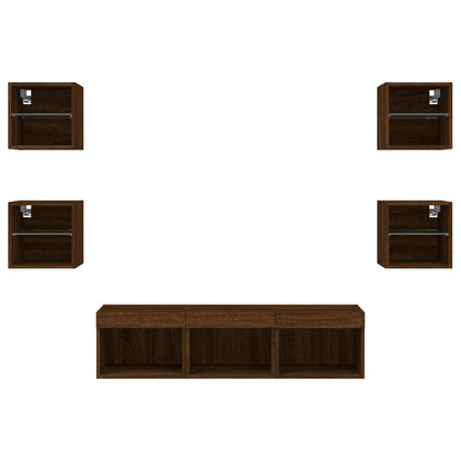 7-Delige Tv-Wandmeubelset Met Led Bewerkt Hout Bruineikenkleur bruin eikenkleur