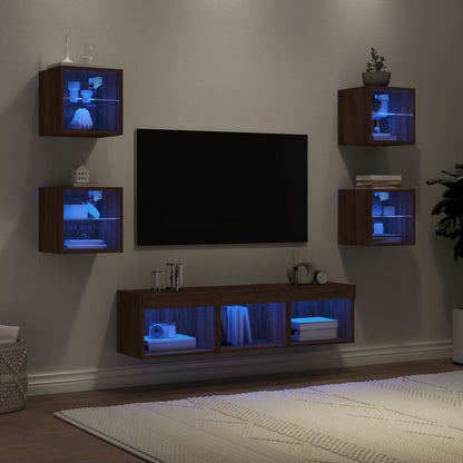 7-Delige Tv-Wandmeubelset Met Led Bewerkt Hout Bruineikenkleur bruin eikenkleur