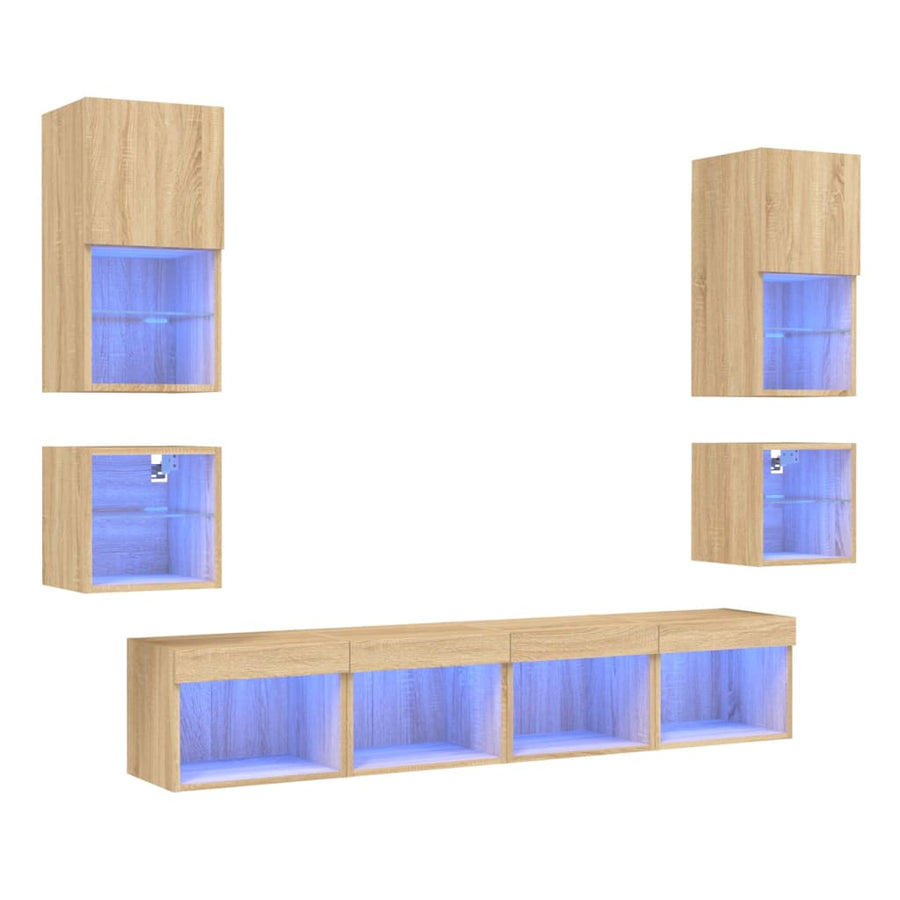 8-Delige Tv-Wandmeubelset Met Led Bewerkt Hout Sonoma eiken