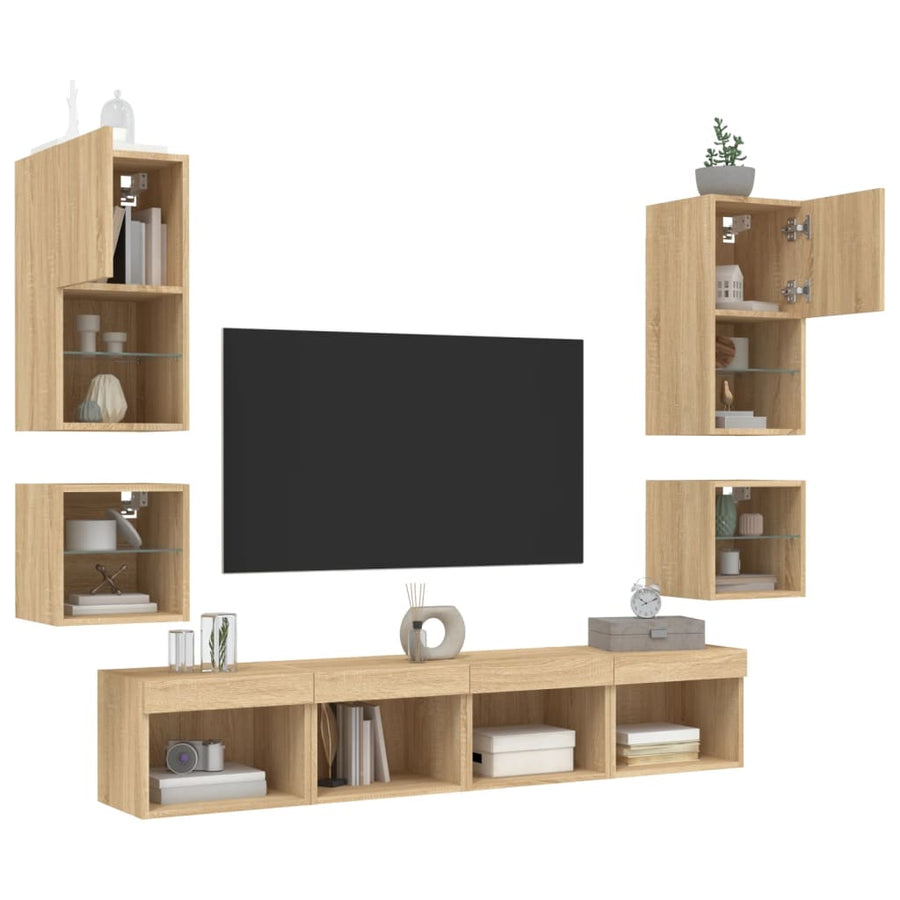 8-Delige Tv-Wandmeubelset Met Led Bewerkt Hout Sonoma eiken