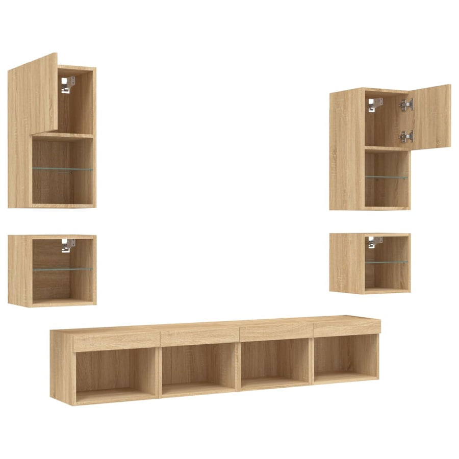 8-Delige Tv-Wandmeubelset Met Led Bewerkt Hout Sonoma eiken