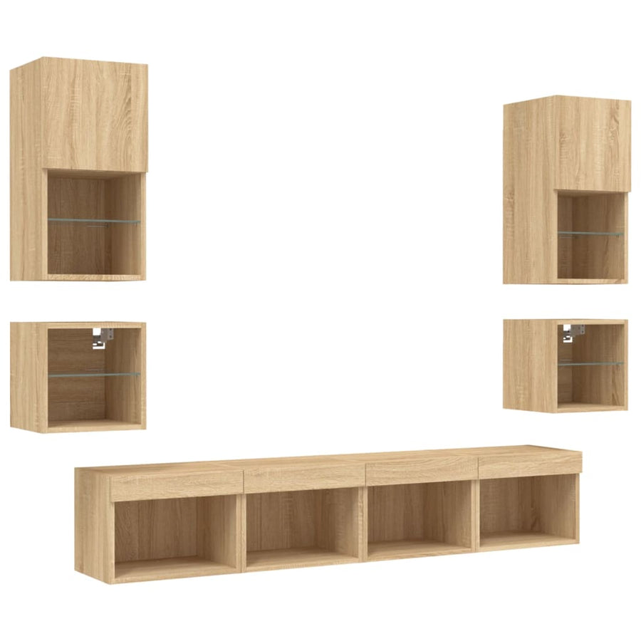 8-Delige Tv-Wandmeubelset Met Led Bewerkt Hout Sonoma eiken