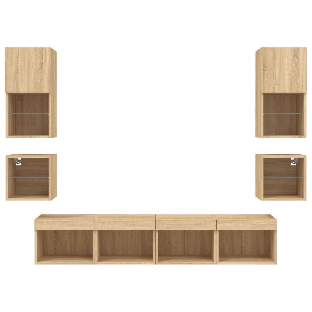 8-Delige Tv-Wandmeubelset Met Led Bewerkt Hout Sonoma eiken