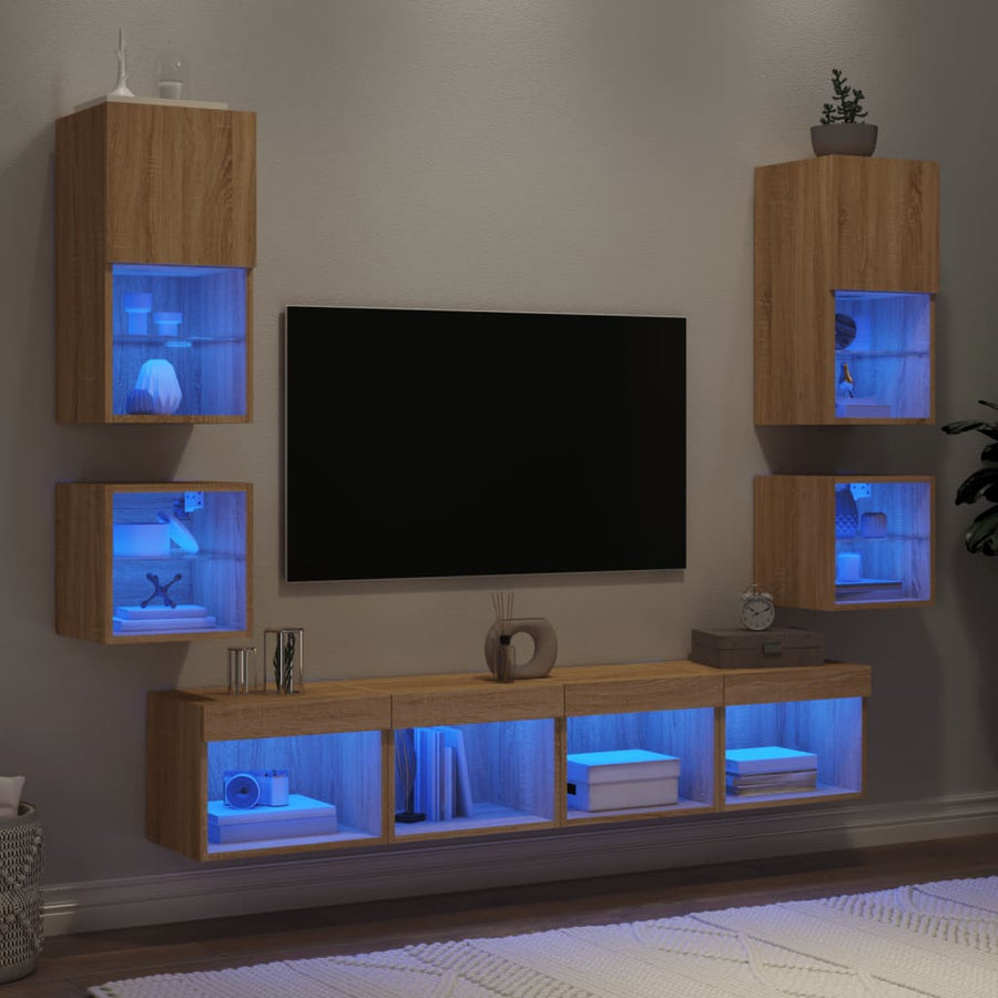 8-Delige Tv-Wandmeubelset Met Led Bewerkt Hout Sonoma eiken