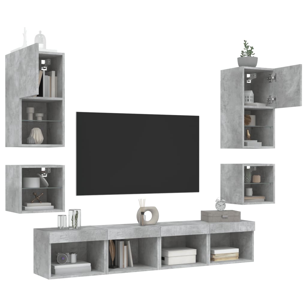8-Delige Tv-Wandmeubelset Met Led Bewerkt Hout Betongrijs