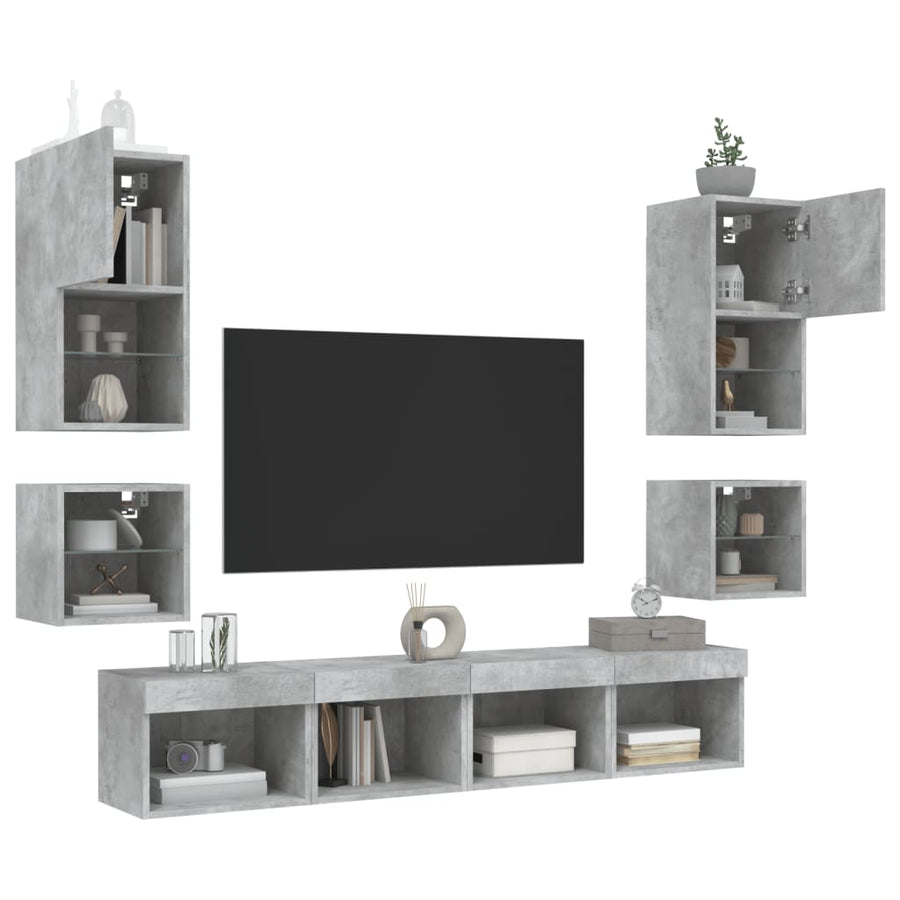 8-Delige Tv-Wandmeubelset Met Led Bewerkt Hout Betongrijs