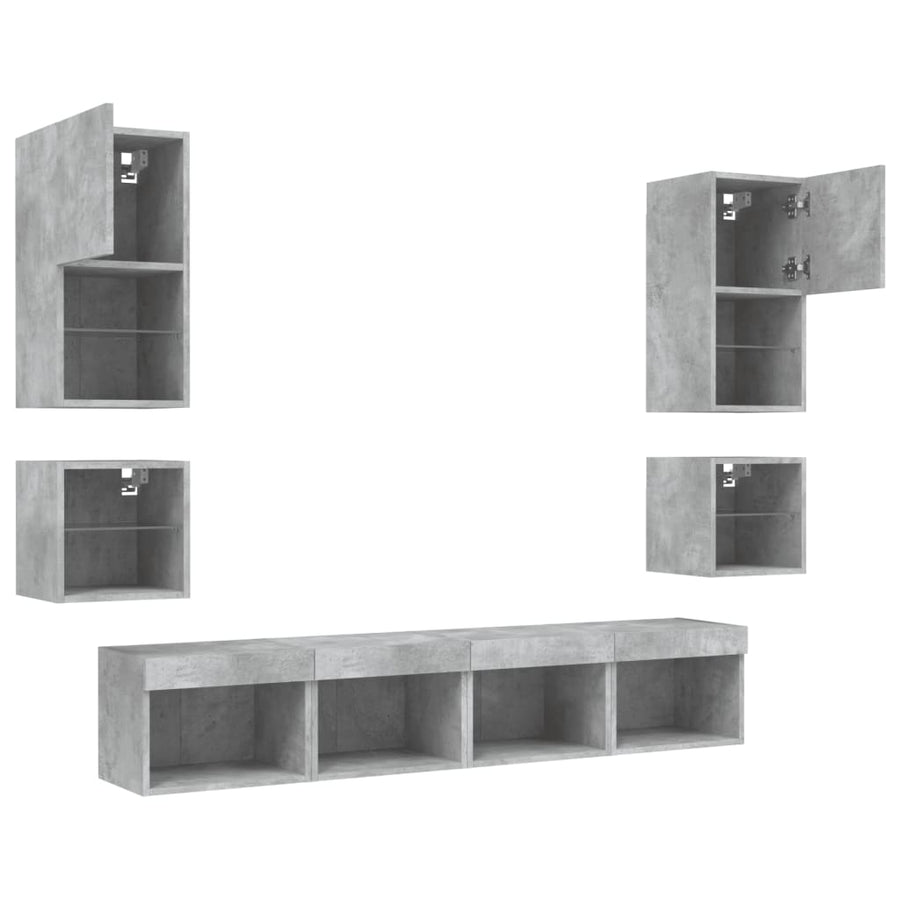 8-Delige Tv-Wandmeubelset Met Led Bewerkt Hout Betongrijs