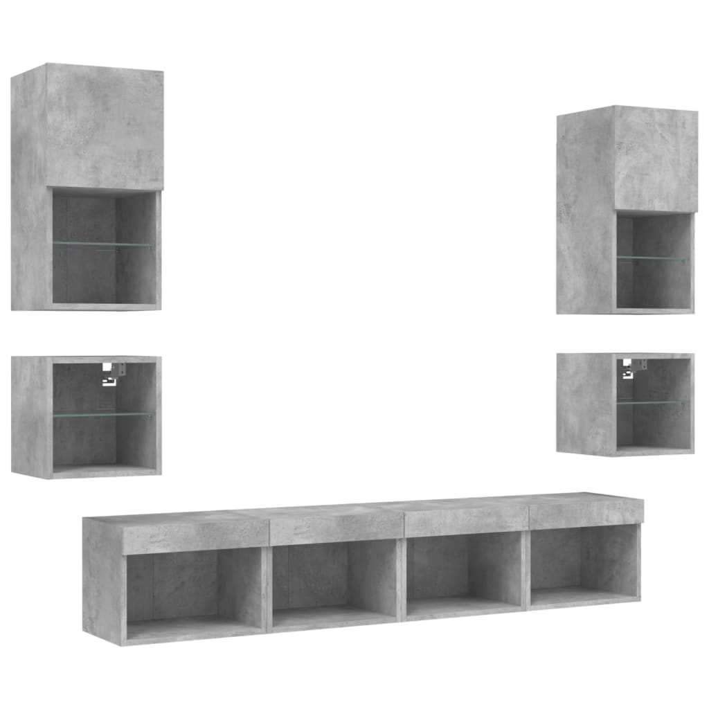 8-Delige Tv-Wandmeubelset Met Led Bewerkt Hout Betongrijs