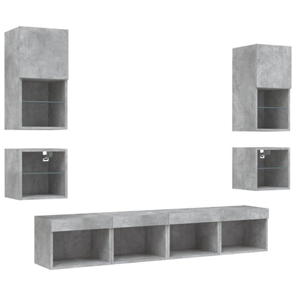 8-Delige Tv-Wandmeubelset Met Led Bewerkt Hout Betongrijs