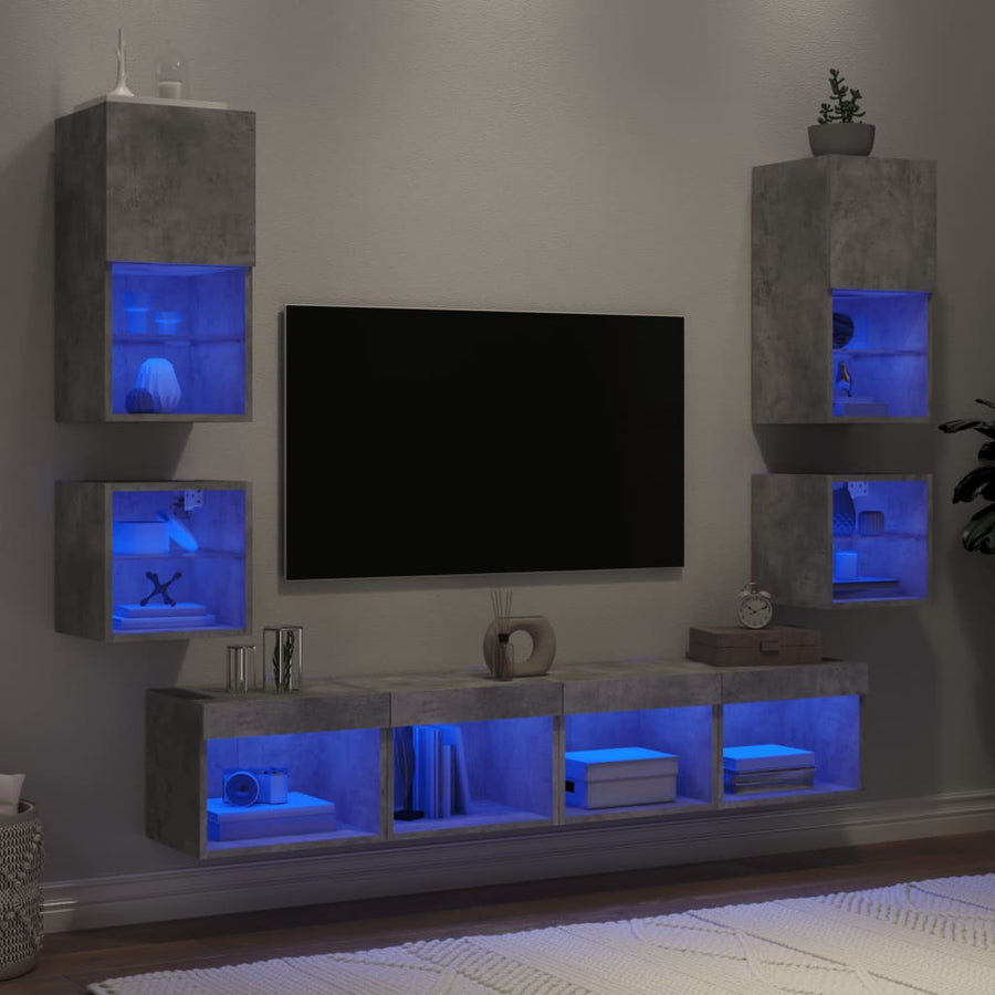8-Delige Tv-Wandmeubelset Met Led Bewerkt Hout Betongrijs