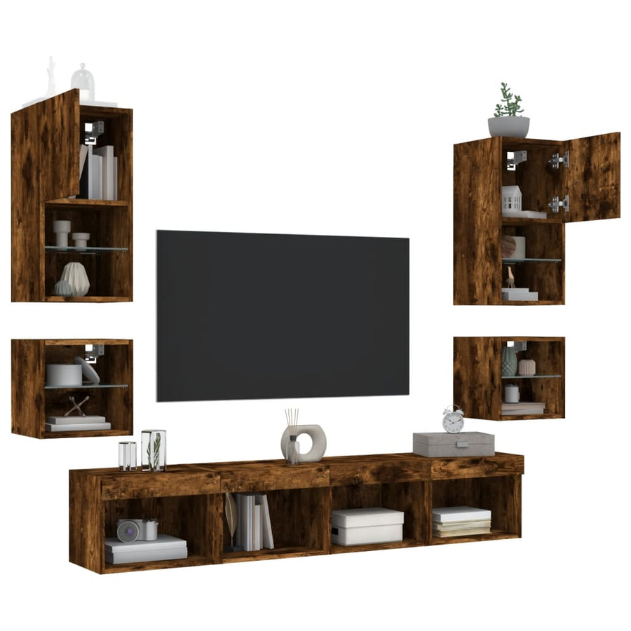 8-Delige Tv-Wandmeubelset Met Led Bewerkt Hout Gerookt eiken