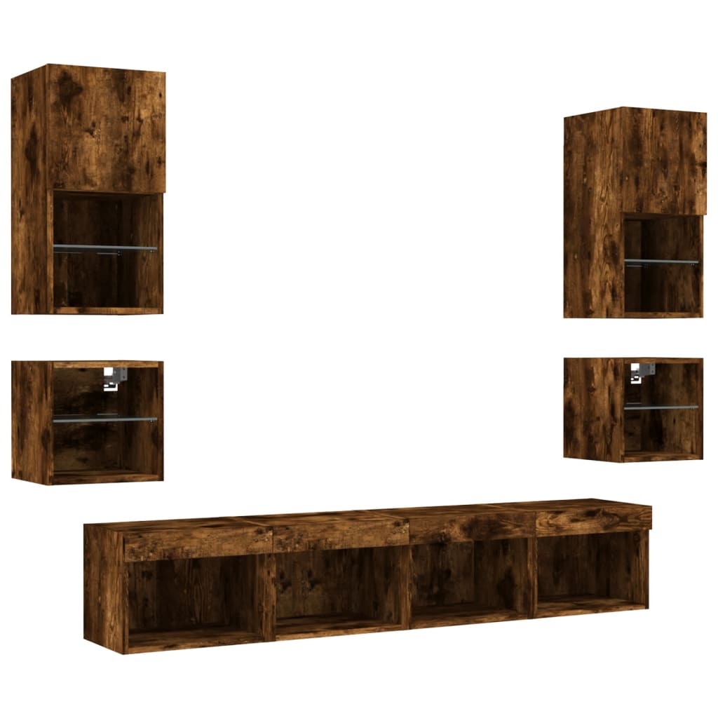 8-Delige Tv-Wandmeubelset Met Led Bewerkt Hout Gerookt eiken