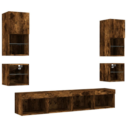 8-Delige Tv-Wandmeubelset Met Led Bewerkt Hout Gerookt eiken