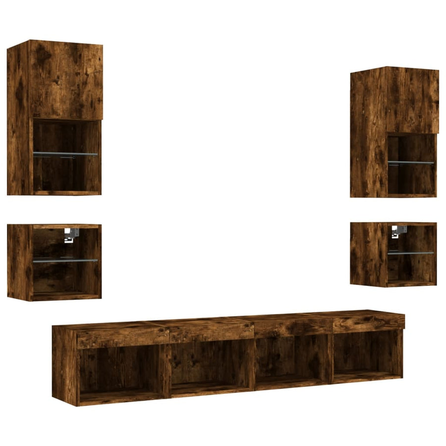 8-Delige Tv-Wandmeubelset Met Led Bewerkt Hout Gerookt eiken