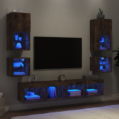8-Delige Tv-Wandmeubelset Met Led Bewerkt Hout Gerookt eiken