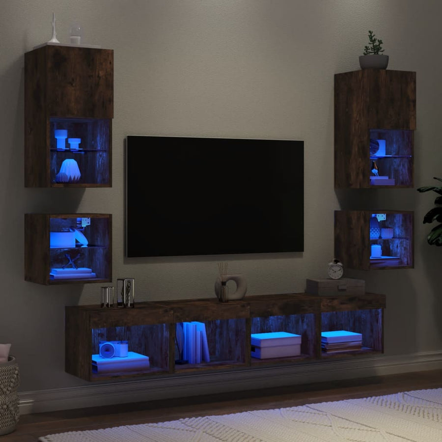 8-Delige Tv-Wandmeubelset Met Led Bewerkt Hout Gerookt eiken