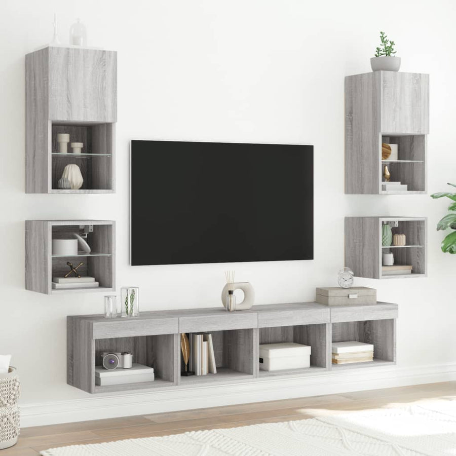 8-delige Tv-wandmeubelset met LED bewerkt hout grijs sonoma