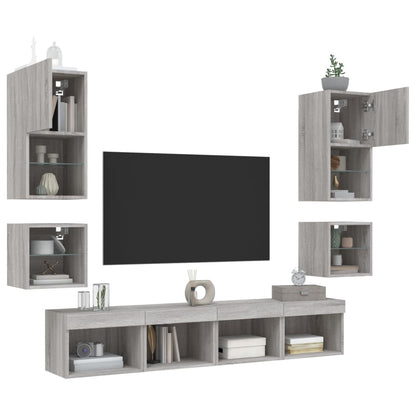 8-delige Tv-wandmeubelset met LED bewerkt hout grijs sonoma