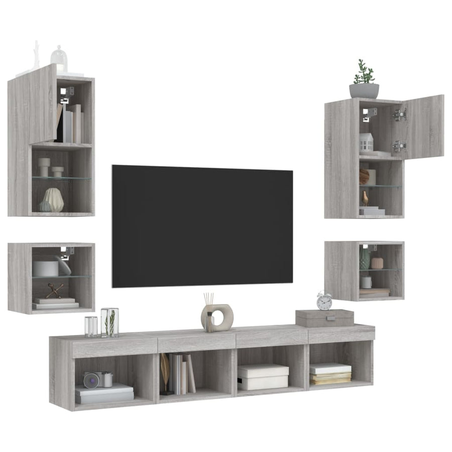 8-delige Tv-wandmeubelset met LED bewerkt hout grijs sonoma