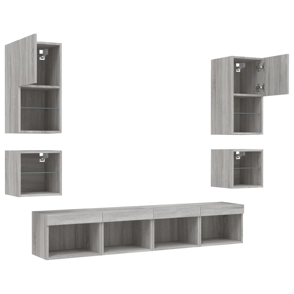 8-delige Tv-wandmeubelset met LED bewerkt hout grijs sonoma