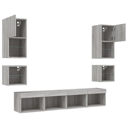 8-delige Tv-wandmeubelset met LED bewerkt hout grijs sonoma