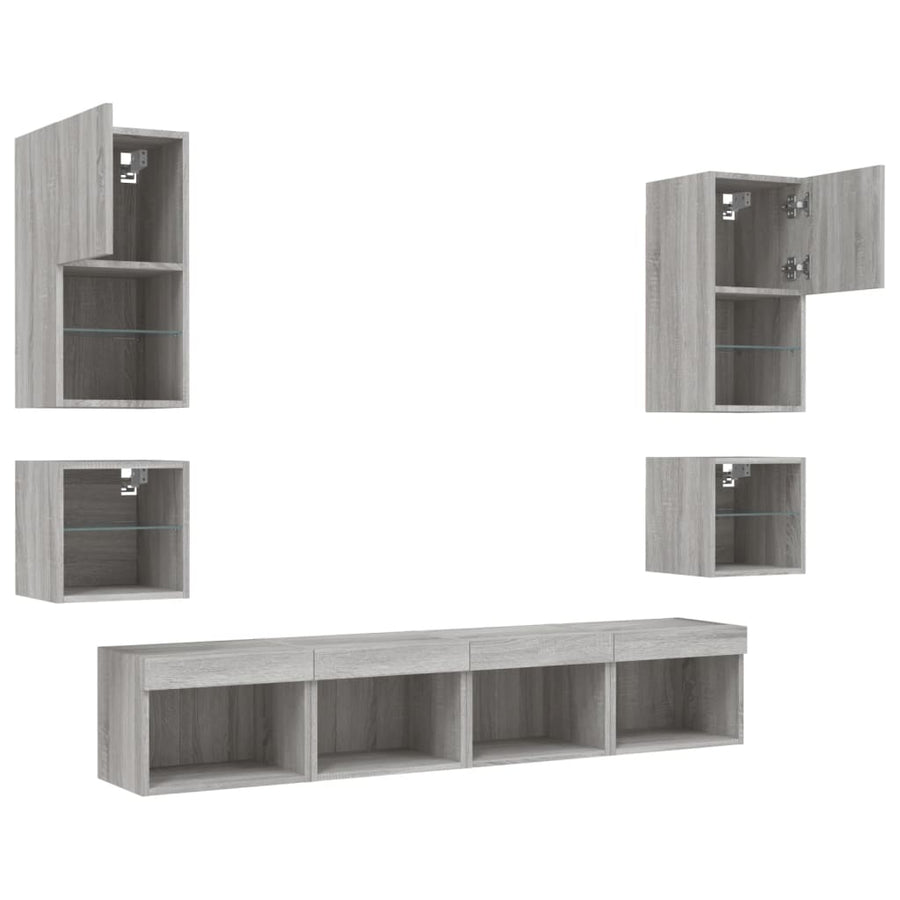 8-delige Tv-wandmeubelset met LED bewerkt hout grijs sonoma