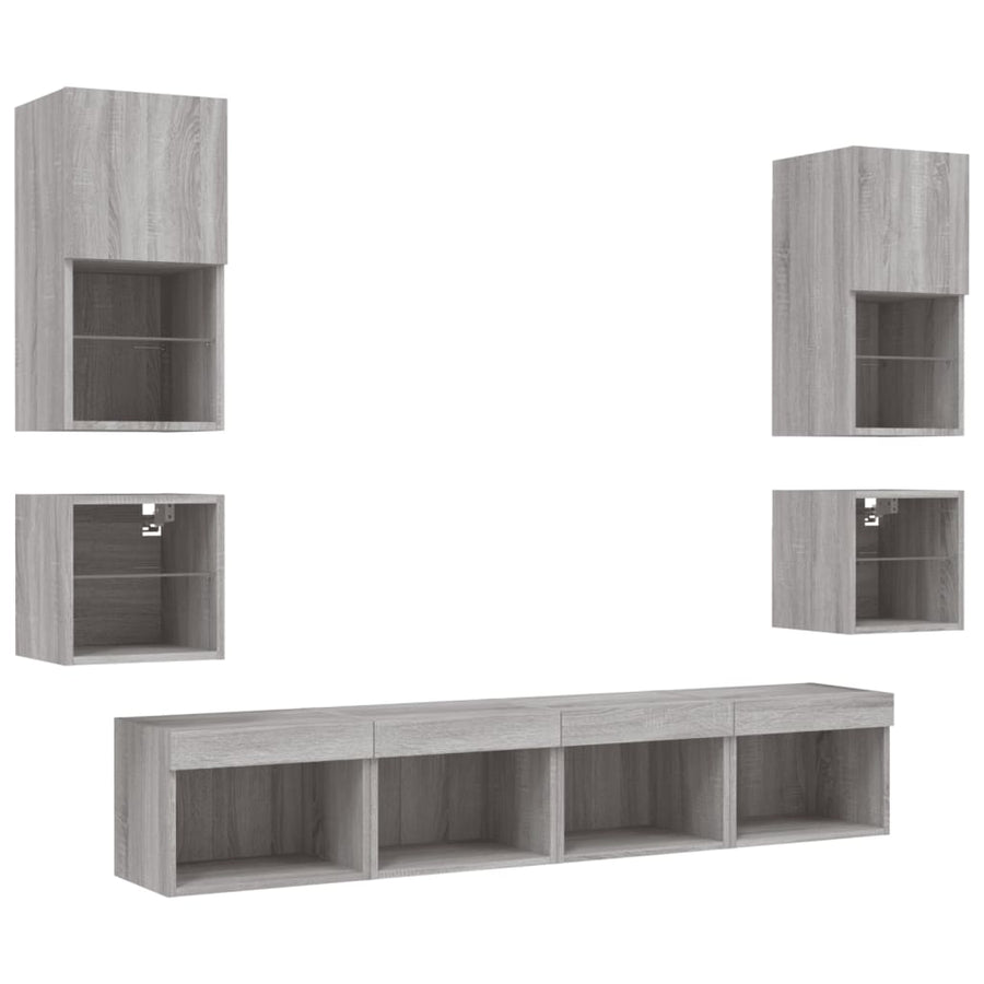 8-delige Tv-wandmeubelset met LED bewerkt hout grijs sonoma