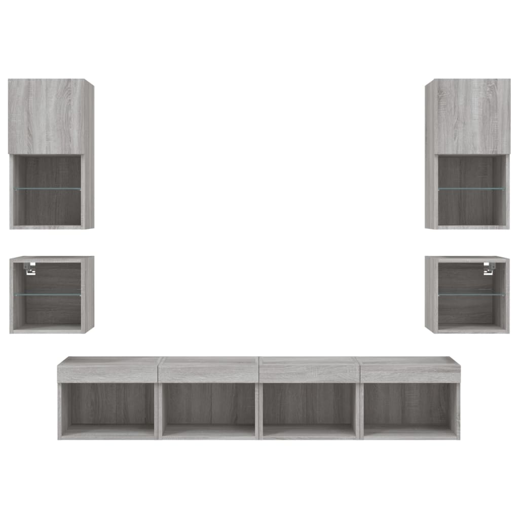 8-delige Tv-wandmeubelset met LED bewerkt hout grijs sonoma