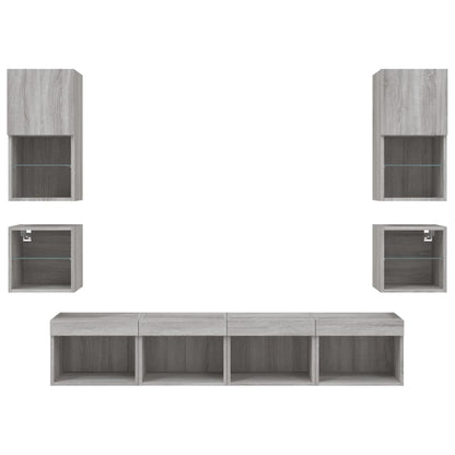 8-delige Tv-wandmeubelset met LED bewerkt hout grijs sonoma
