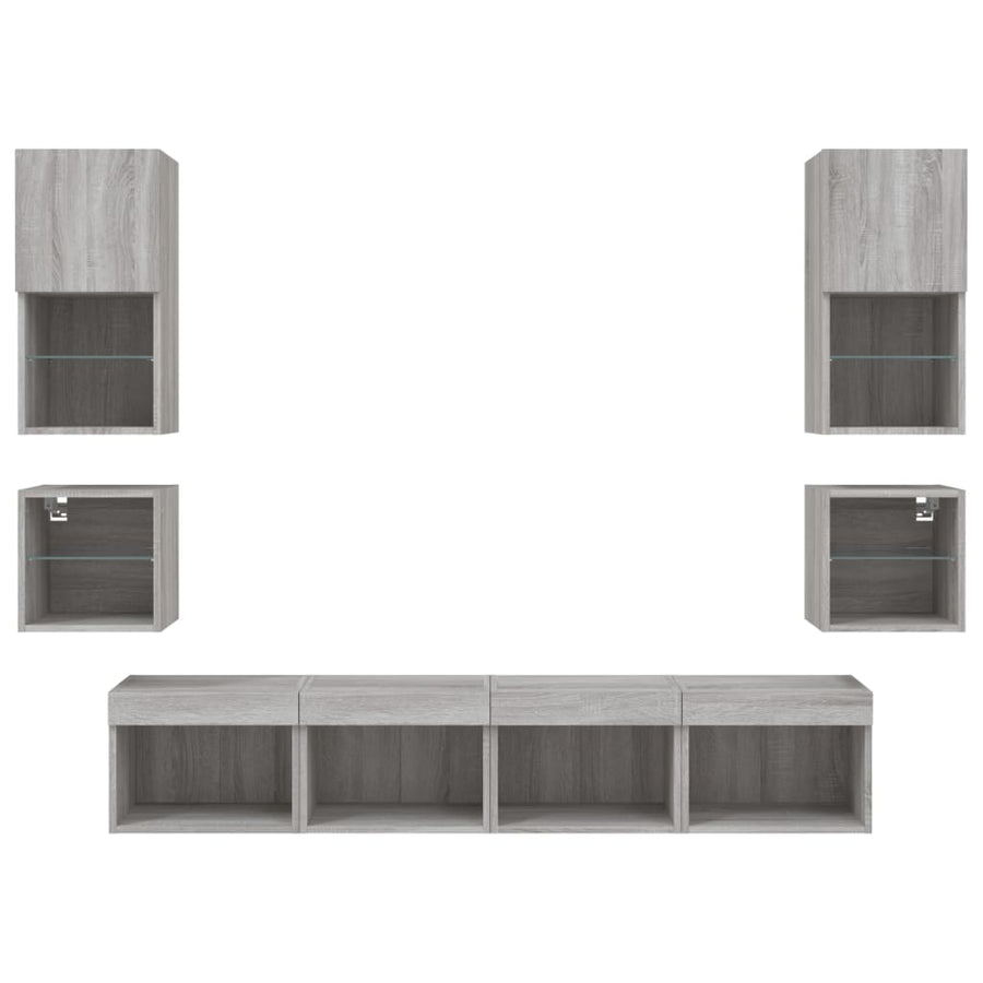 8-delige Tv-wandmeubelset met LED bewerkt hout grijs sonoma