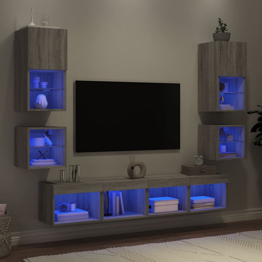 8-delige Tv-wandmeubelset met LED bewerkt hout grijs sonoma