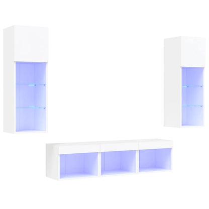 5-delige Tv-wandmeubelset met LED-verlichting bewerkt hout wit