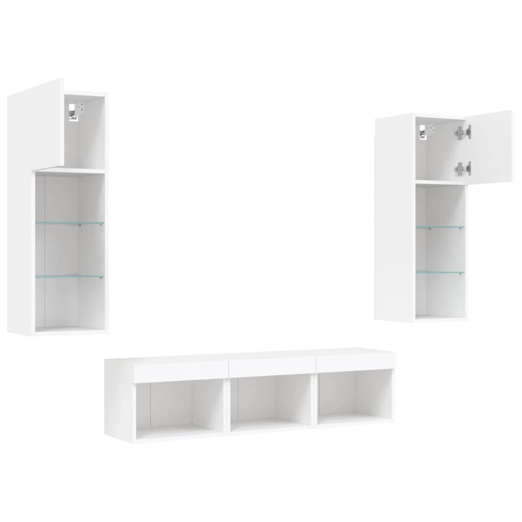 5-delige Tv-wandmeubelset met LED-verlichting bewerkt hout wit