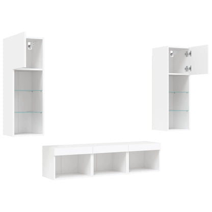 5-delige Tv-wandmeubelset met LED-verlichting bewerkt hout wit