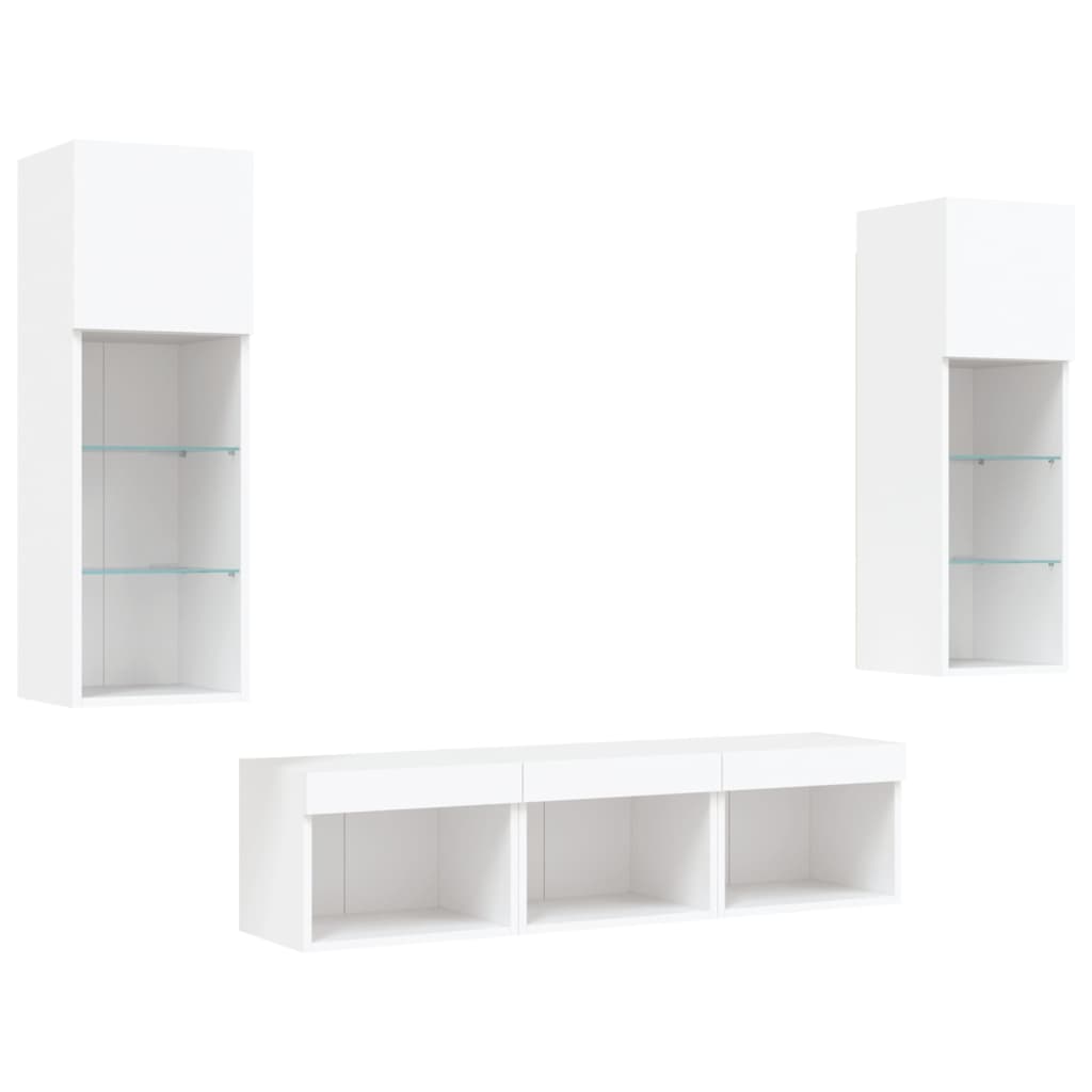 5-delige Tv-wandmeubelset met LED-verlichting bewerkt hout wit