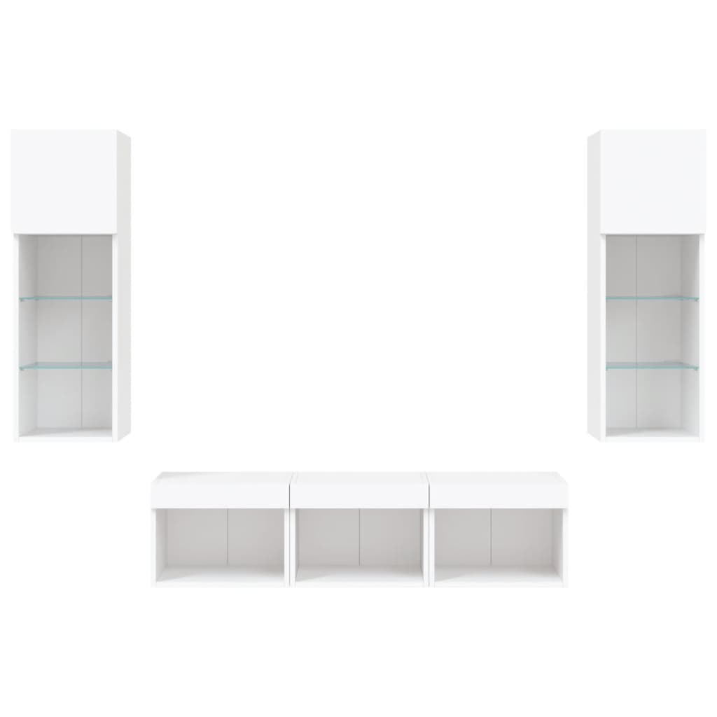 5-delige Tv-wandmeubelset met LED-verlichting bewerkt hout wit