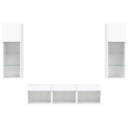 5-delige Tv-wandmeubelset met LED-verlichting bewerkt hout wit