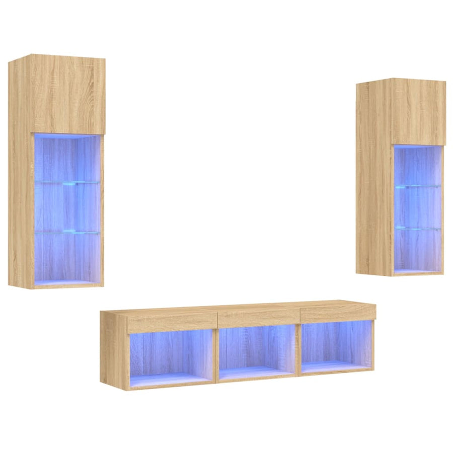 5-Delige Tv-Wandmeubelset Met Led Bewerkt Hout Sonoma eiken