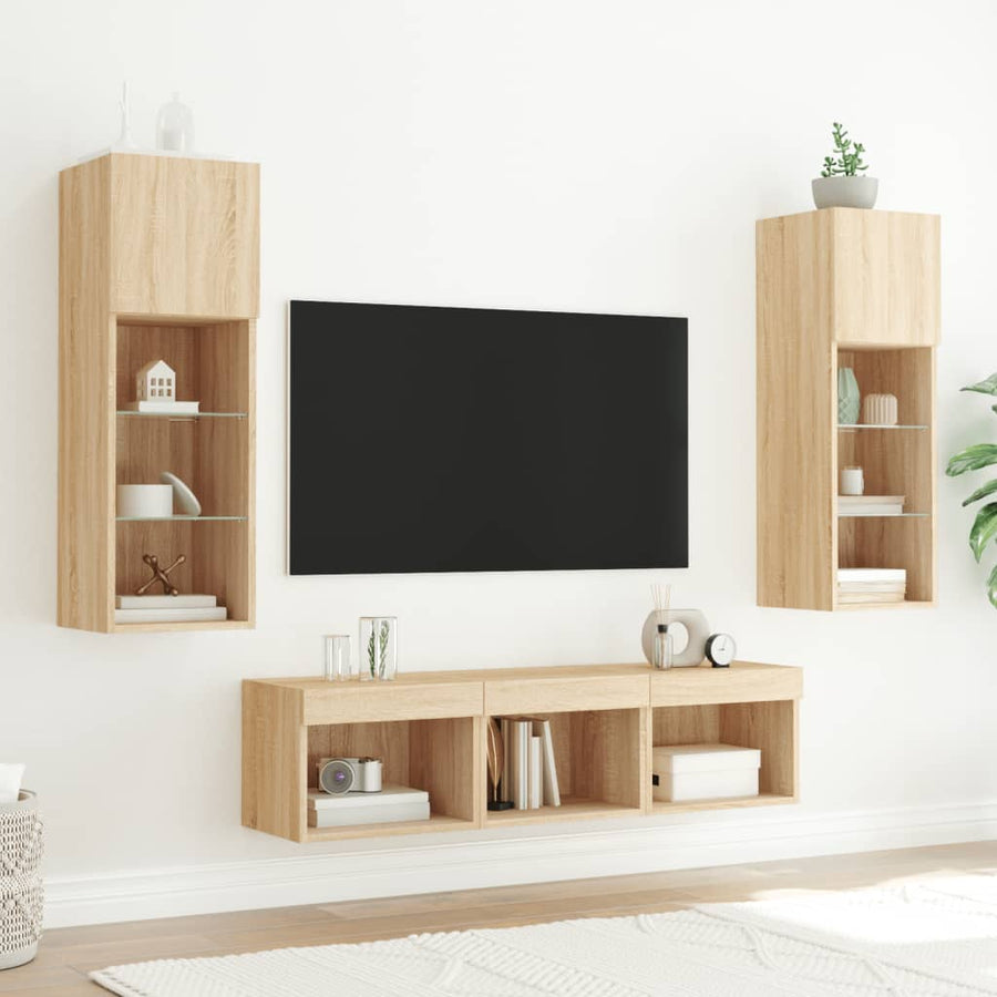 5-Delige Tv-Wandmeubelset Met Led Bewerkt Hout Sonoma eiken