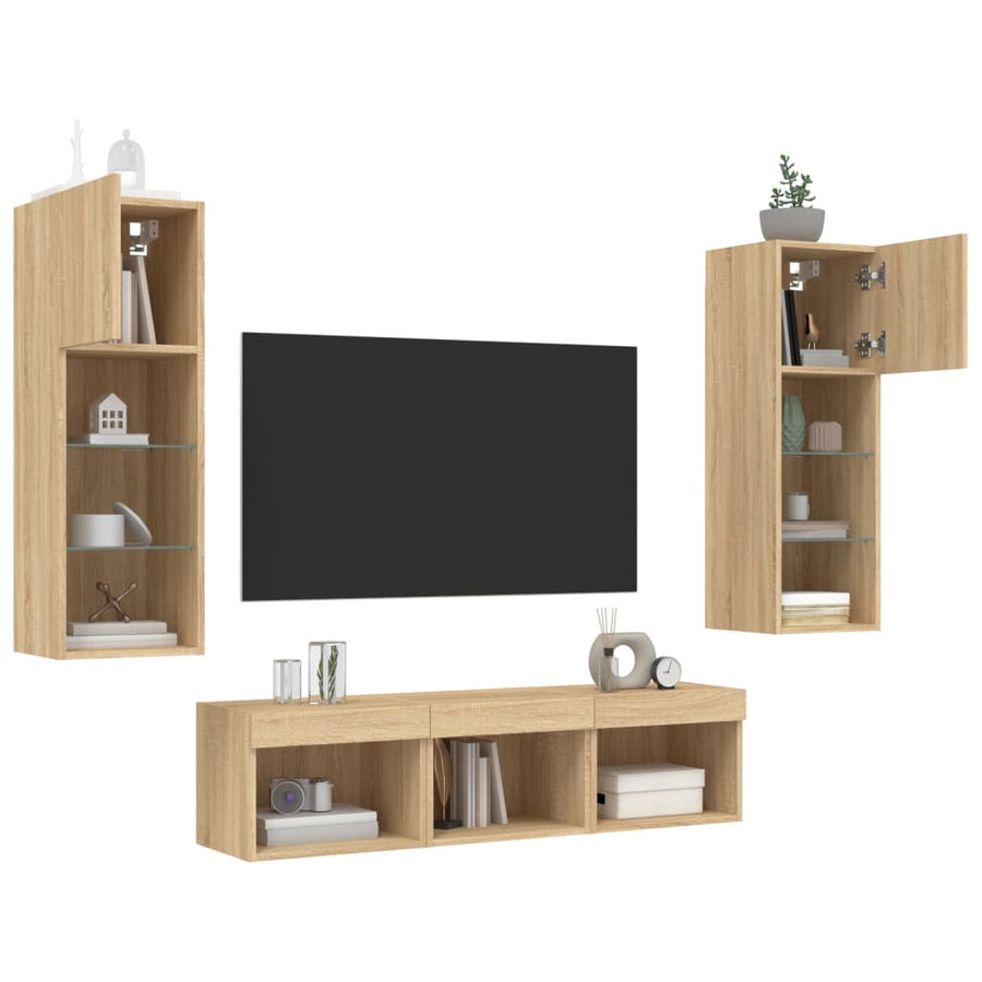 5-Delige Tv-Wandmeubelset Met Led Bewerkt Hout Sonoma eiken