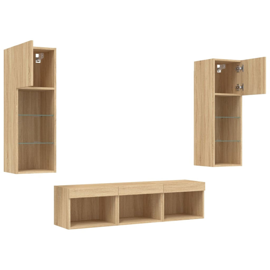 5-Delige Tv-Wandmeubelset Met Led Bewerkt Hout Sonoma eiken