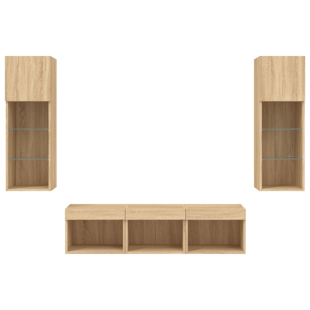 5-Delige Tv-Wandmeubelset Met Led Bewerkt Hout Sonoma eiken