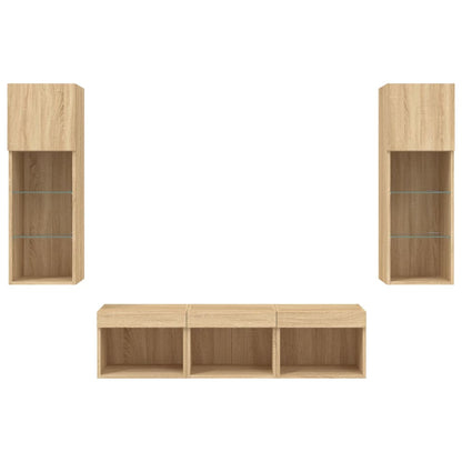 5-Delige Tv-Wandmeubelset Met Led Bewerkt Hout Sonoma eiken